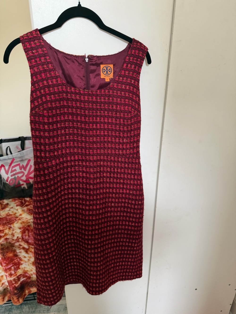 Tory Burch Burgundy and Black Textured Tweed Midi Dress